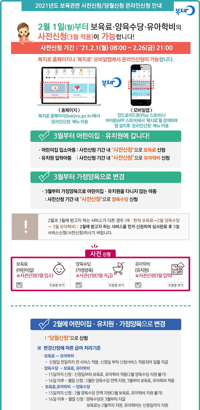 2021년도 보육관련 사전신청/당월신청 온라인신청안내 2월 1일(월)부터 보육료.양육수당.유아학비의 사전신청(3월 적용)이 가능합니다! 사전신청 기간 : 21.2.1(월) 08:00 ~ 2.26(금) 21:00 복지로 홈페이지나 '복지로' 모바일앱에서 온라인신청이 가능합니다. 3월부터 어린이집.유치원에 갑니다! 어린이집 입소아동 : 사전신청 기간 내 사전신청으로 보육료 신청. 유치원 입학아동 : 사전신청 기간 내 사전신청으로 유아학비 신청. 3월 부터 가정양육으로 변경. 3월부터 가정양육으로 어린이집.유치원을 다니지 않는 아동 : 사전신청 기간 내 사전신청으로 양육수당 신청