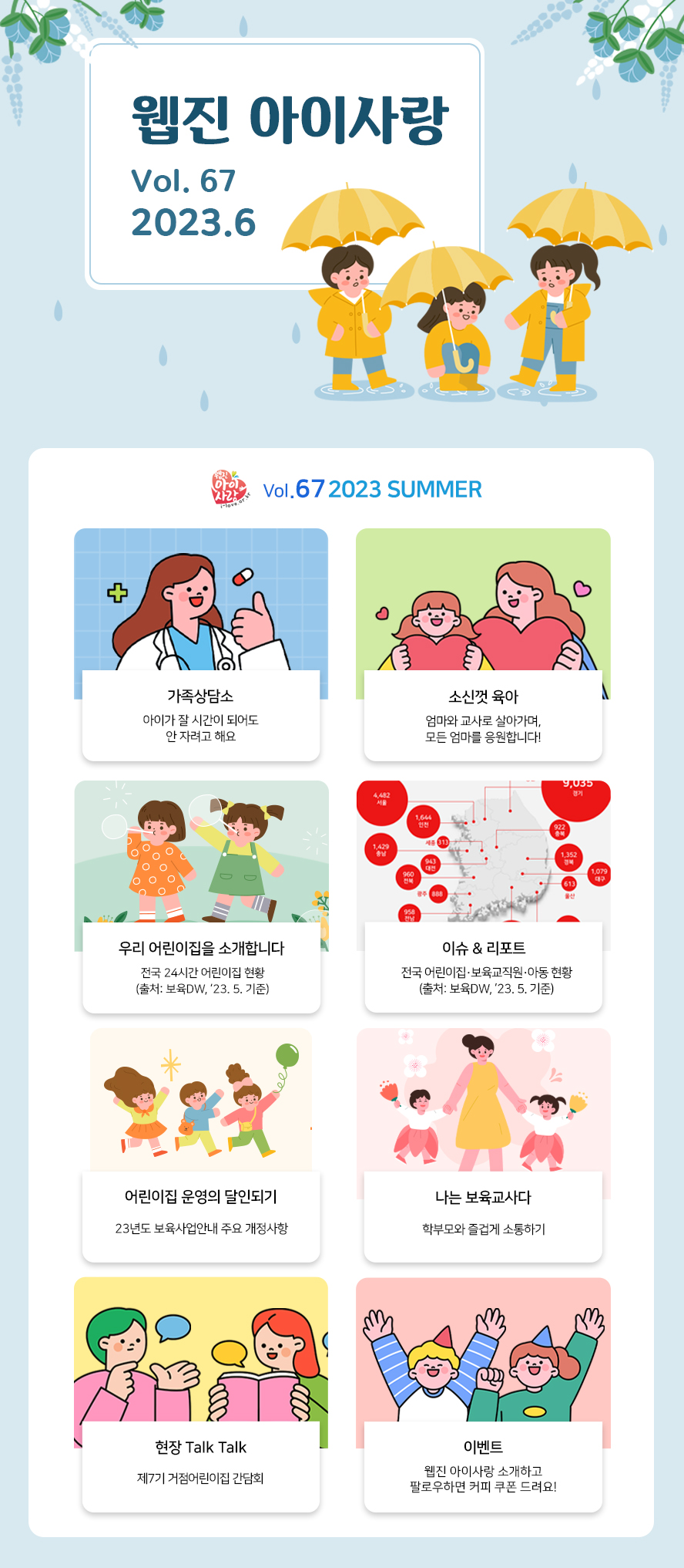 웹진 아이사랑 Vol.67 2023.6 웹진 아이사랑 Vol.67 2023 SUMMER 가족상담소 아이가 잘 시간이 되어도 안 자려고 해요 소신껏 육아 엄마와 교사로 살아가며, 모든 엄마를 응원합니다! 우리 어린이집을 소개합니다 전국 24시간 어린이집 현황(출처: 보육DW, '23.5. 기준) 이슈&리포트 전국어린이집·보육교직원·아동 현황(출처: 보육DW, '23.5. 기준) 어린이집 운영의 달인되기 23년도 보육사업안내 주요 개정사항 나는 보육교사다 학부모와 즐겁게 소통하기 현장 Talk Talk 제 7기 거점어린이집 간담회 이벤트 웹진 아이사랑 소개하고 팔로우하면 커피 쿠폰 드려요!