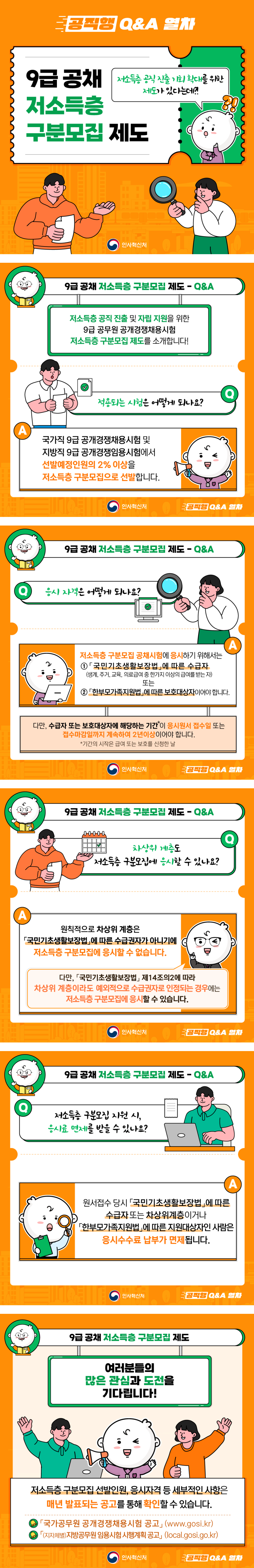 공직행 Q&A 열차 인사혁신처 9급 공채 저소득층 구분모집 제도 저소득층 공직 진출 기회 확대를 위한 제도가 있다는데?! [9급 공채 저소득층 구분모집 제도 Q&A] 저소득층 공직 진출 및 자립 지원을 위한 9급 공무원 공개경쟁채용시험 저소득층 구분모집 제도를 소개합니다! Q. 적용되는 시험은 어떻게 되나요? A. 국가직 9급 공개경쟁채용시험 및 지방징 9급 공개경쟁임용시험에서 선발예정인원의 2% 이상을 저소득층 구분모집으로 선발합니다. Q. 응시 자격은 어떻게 되나요? A. 저소득층 구분모집 공채시험에 응시하기 위해서는 ①「국민기초생활보장법」에 따른 수급자(생계, 주거, 교육, 의료급여 중 한가지 이상의 급여를 받는 자) 또는 ②「한부모가족지원법」에 다른 보호대상자이어야 합니다. 다만, 수급자 또는 보호대상자에 해당하는 기간*이 응시원서 접수일 또는 접수마감일까지 계속하여 2년이상이어야 합니다. *기간의 시작은 급여 또는 보호를 신청한 날 Q. 차상위 계층도 저소득층 구분모집에 응시할 수 있나요? A. 원칙적으로 차상위 계층은 「국민기초생활보장법」에 따른 수급권자가 아니기에 저소득층 구분모집에 응시할 수 없습니다. 다만 「국민기초생활보장법」제14조의2에 따라 차상위 계층이라도 예외적으로 수급권자로 인정되는 경우에는 저소득층 구분모집에 응시할 수 있습니다. Q. 저소득층 구분모집 지원 시, 응시료 면제를 받을 수 있나요? A. 원서접수 당시 「국민기초생활보장법」에 따른 수급자 또는 차상위계층이거나 「한부모가족지원법」에 따른 지원대상자인 사람은 응시수수료 납부가 면제됩니다. 여러분들의 많은 관심과 도전을 기다립니다! 저소득층 구분모집 선발인원, 응시자격 등 세부적인 사항은 매년 발표되는 공고를 통해 확인할 수 있습니다. -국가공무원 공개경쟁채용시험공고: www.gosi.kr -(지자체별)지방공무원 임용시험 시행계획 공고: local.gosi.go.kr