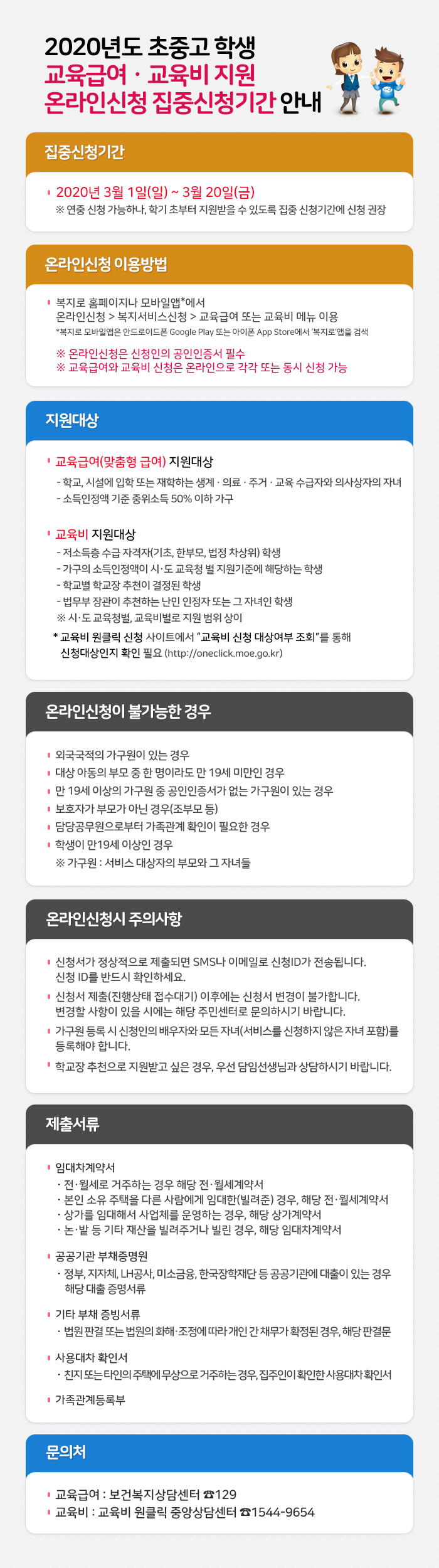 2020년도 초중고 학생 교육급여ㆍ교육비 지원 온라인신청 집중신청기간 안내undefinedundefinedundefinedundefined[집중신청기간] 20120년 3월 1일(일) ~ 3월 20일(금) ※ 연중 신청 가능하나, 학기 초부터 지원받을 수 있도록 집중 신청기간에 신청 권장undefinedundefined[온라인신청 이용방법] 복지로 홈페이지나 모바일앱*에서 온라인신청 > 복지서비스신청 > 교육급여 또는 교육비 메뉴 이용 *복지로 모바일앱은 안드로이드폰 Google Play 또는 아이폰 App Store에서 복지로 앱을 검색 undefinedundefined※ 온라인신청은 신청인의 공인인증서 필수 ※ 교육급여와 교육비 신청은 온라인으로 각각 또는 동시 신청 가능undefinedundefined[지원대상] undefinedundefined.교육급여(맞춤형 급여) 지원대상 : 학교, 시설에 입학 또는 재학하는 생계ㆍ의료ㆍ주거ㆍ교육 수급자와 의사상자의 자녀, 소득인정액 기준 중위소득 50% 이하 가구  .교육비 지원대상 : 저소득층 수급 자격자(기초, 한부모, 법정 차상위) 학생, 가구의 소득인정액이 시·도 교육청 별 지원기준에 해당하는 학생, 학교별 학교장 추천이 결정된 학생, 법무부 장관이 추천하는 난민 인정자 또는 그 자녀인 학생 ※ 시·도 교육청별, 교육비별로 지원 범위 상이undefinedundefined* 교육비 원클릭 신청 사이트에서 교육비 신청 대상여부 조회를 통해 신청대상인지 확인 필요 (http://oneclick.moe.go.kr)undefinedundefined[교육비 신청 대상 확인]undefinedundefined교육비 원클릭 신청 사이트에서 교육비 신청 대상여부 조회를 통해 신청대상인지 확인 필요 (http://oneclick.moe.go.kr)  ※ 3월 2일부터 조회 가능undefinedundefinedundefinedundefined[온라인신청이 불가능한 경우]undefinedundefined외국국적의 가구원이 있는 경우undefinedundefined대상 아동의 부모 중 한 명이라도 만 19세 미만인 경우undefinedundefined만 19세 이상의 가구원 중 공인인증서가 없는 가구원이 있는 경우undefinedundefined보호자가 부모가 아닌 경우(조부모 등)undefinedundefined담당공무원으로부터 가족관계 확인이 필요한 경우undefinedundefined학생이 만19세 이상인 경우undefinedundefined※ 가구원 : 서비스 대상자의 부모와 그 자녀들undefinedundefinedundefinedundefined[온라인신청시 주의사항]undefinedundefined신청서가 정상적으로 제출되면 SMS나 이메일로 신청ID가 전송됩니다. 신청 ID를 반드시 확인하세요.undefinedundefined신청서 제출(진행상태 접수대기) 이후에는 신청서 변경이 불가합니다. 변경할 사항이 있을 시에는 해당 주민센터로 문의하시기 바랍니다.undefinedundefined가구원 등록 시 신청인의 배우자와 모든 자녀(서비스를 신청하지 않은 자녀 포함)를 등록해야 합니다.undefinedundefined학교장 추천으로 지원받고 싶은 경우, 우선 담임선생님과 상담하시기 바랍니다.undefinedundefinedundefinedundefined[제출서류]undefinedundefined.임대차계약서 : 전·월세로 거주하는 경우 해당 전·월세계약서, 본인 소유 주택을 다른 사람에게 임대한(빌려준) 경우, 해당 전·월세계약서, 상가를 임대해서 사업체를 운영하는 경우, 해당 상가계약서, 논ㆍ밭 등 기타 재산을 빌려주거나 빌린 경우, 해당 임대차계약서undefinedundefined.공공기관 부채증명원 : 정부, 지자체, LH공사, 미소금융, 한국장학재단 등 공공기관에 대출이 있는 경우 해당 대출 증명서류undefinedundefined.기타 부채 증빙서류 : 법원 판결 또는 법원의 화해·조정에 따라 개인 간 채무가 확정된 경우, 해당 판결문undefinedundefined.사용대차 확인서 : 친지 또는 타인의 주택에 무상으로 거주하는 경우, 집주인이 확인한 사용대차 확인서undefinedundefined.가족관계등록부undefinedundefinedundefinedundefined[문의처]undefinedundefined.교육급여 : 보건복지상담센터 ☎129undefinedundefined.교육비 : 교육비 원클릭 중앙상담센터 ☎1544-9654