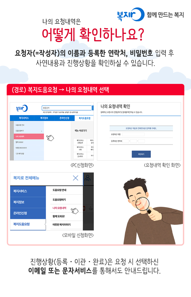 나의 요청내역은 어떻게 확인하나요? 요청자(=작성자)의 이름과 등록한 연락처, 비밀번호 입력 후 사연내용과 진행상황을 확인하실 수 있습니다. (경로) 복지도움요청 → 나의 요청내역 선택 진행상황(등록·이관·완료)은 요청 시 선택하신 이메일 또는 문자서비스를 통해서도 안내드립니다.
